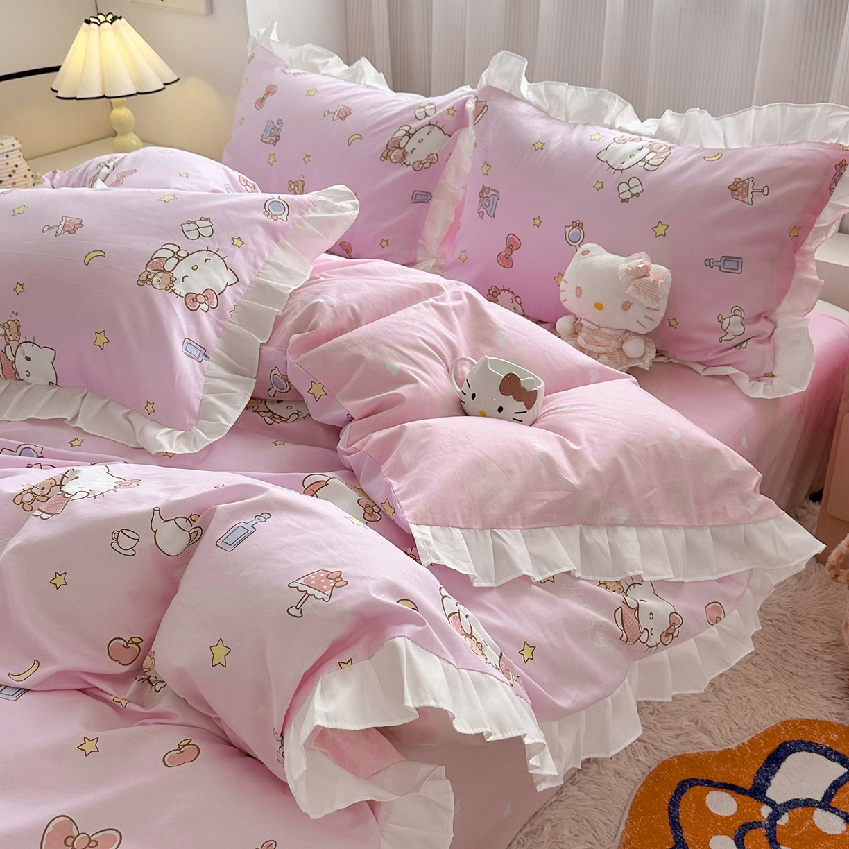 91家纺网 家纺一手货源 找家纺 （总）玉元坊 2025新款全棉纯棉凯蒂猫白花边款式四件套