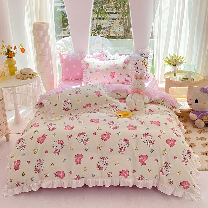 91家纺网 家纺一手货源 找家纺 玉元坊 2025新款全棉纯棉凯蒂猫白花边款式四件套 公主kt 花边款