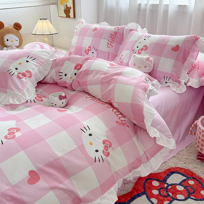 91家纺网 家纺一手货源 找家纺 （总）玉元坊 2025新款全棉纯棉凯蒂猫白花边款式四件套