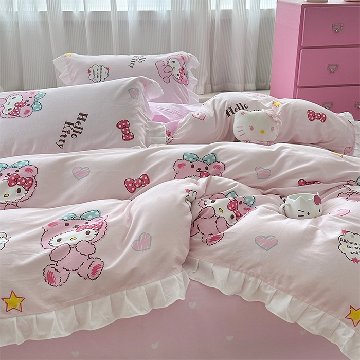 91家纺网 家纺一手货源 找家纺 （总）玉元坊 2025新款全棉纯棉凯蒂猫白花边款式四件套