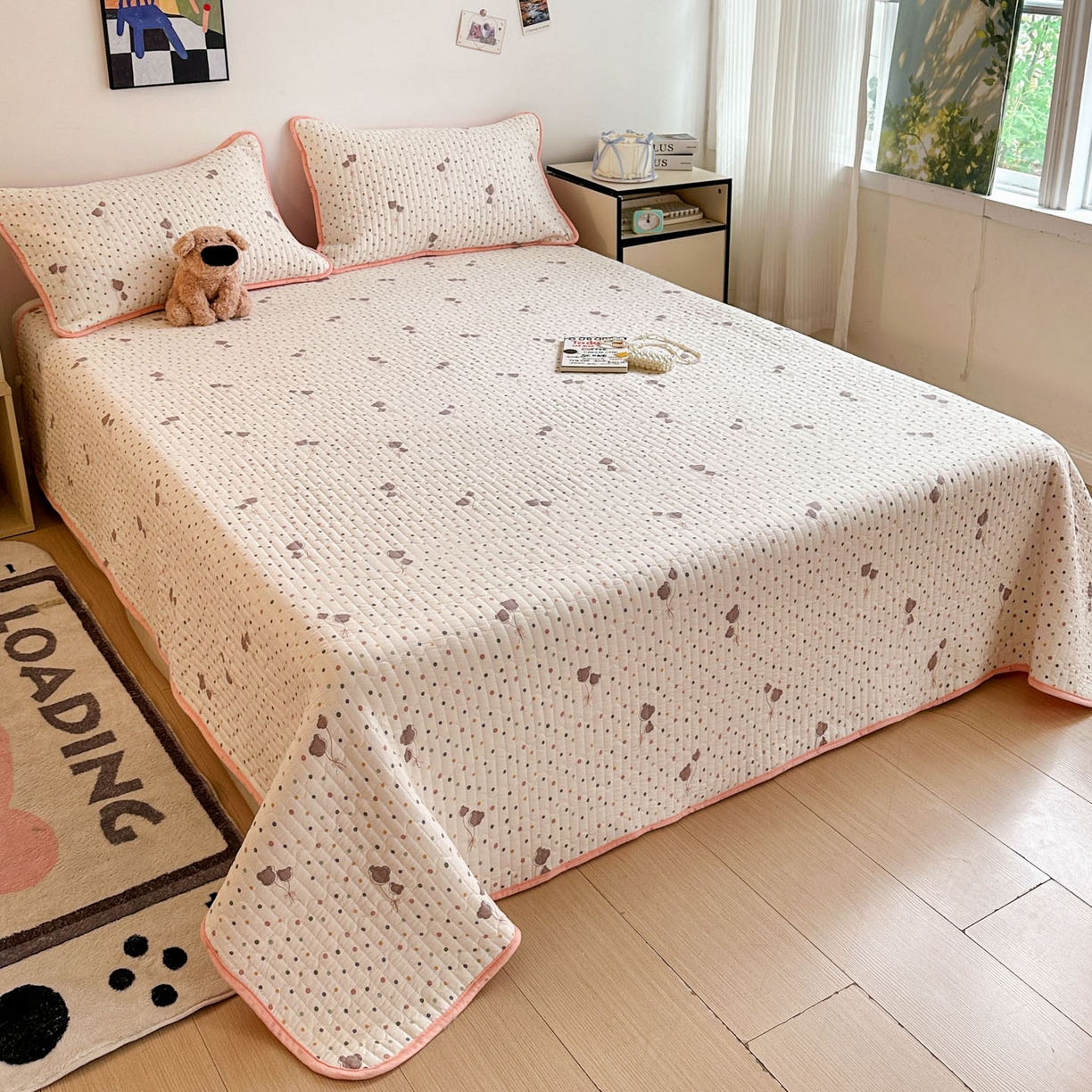 91家纺网 家纺一手货源 找家纺 金梦拉家纺 2025新款A类加厚棉绒牛奶绒床盖系列三件套 彩色波点