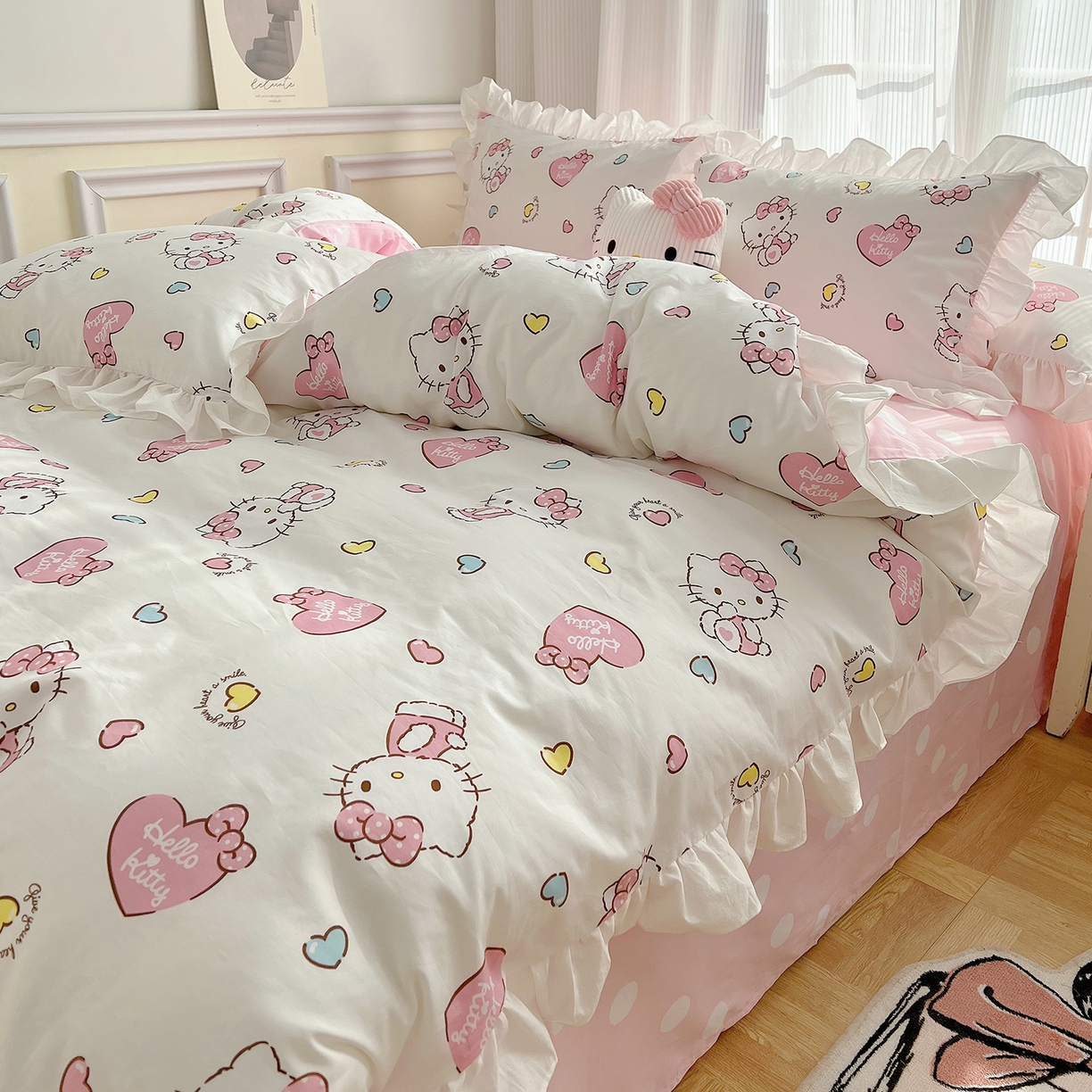 玉元坊 2025新款全棉纯棉凯蒂猫白花边款式四件套 公主kt 花边款