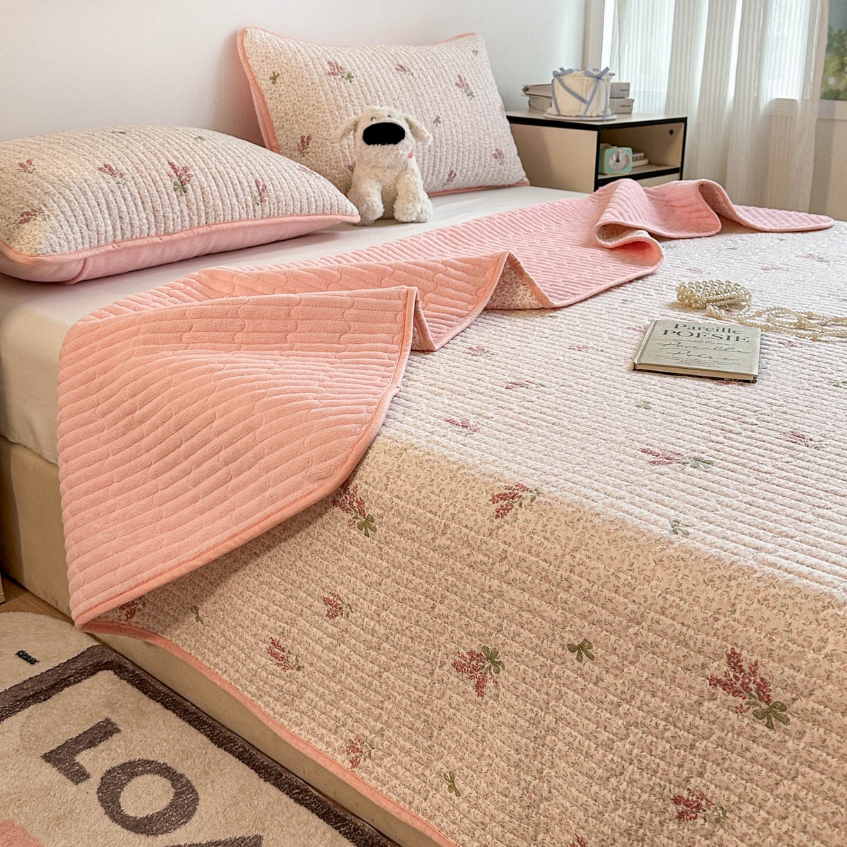 91家纺网 家纺一手货源 找家纺 金梦拉家纺 2025新款A类加厚棉绒牛奶绒床盖系列三件套 花枝香