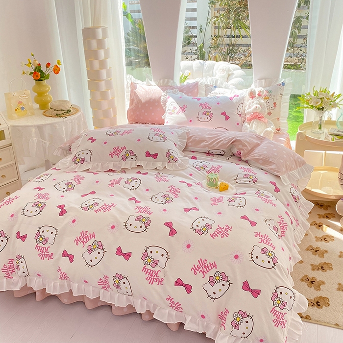 91家纺网 家纺一手货源 找家纺 玉元坊 2025新款全棉纯棉凯蒂猫白花边款式四件套 雏菊kt 花边款