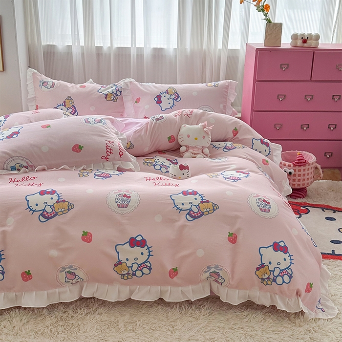 91家纺网 家纺一手货源 找家纺 玉元坊 2025新款全棉纯棉凯蒂猫白花边款式四件套 KT和熊粉-白花边款