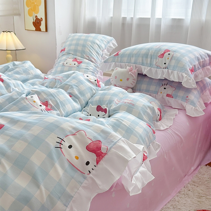 91家纺网 家纺一手货源 找家纺 玉元坊 2025新款全棉纯棉凯蒂猫白花边款式四件套 乖巧KT-白花边款