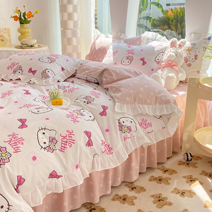 91家纺网 家纺一手货源 找家纺 玉元坊 2025新款全棉纯棉凯蒂猫白花边款式四件套 雏菊kt 花边款