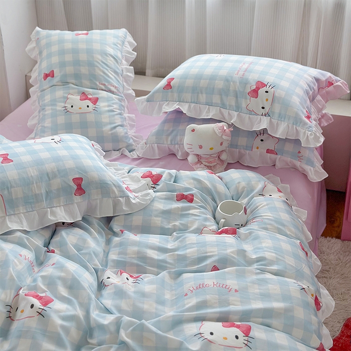 91家纺网 家纺一手货源 找家纺 玉元坊 2025新款全棉纯棉凯蒂猫白花边款式四件套 乖巧KT-白花边款