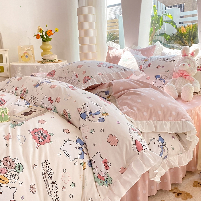 91家纺网 家纺一手货源 找家纺 玉元坊 2025新款全棉纯棉凯蒂猫白花边款式四件套 甜心kt 花边款