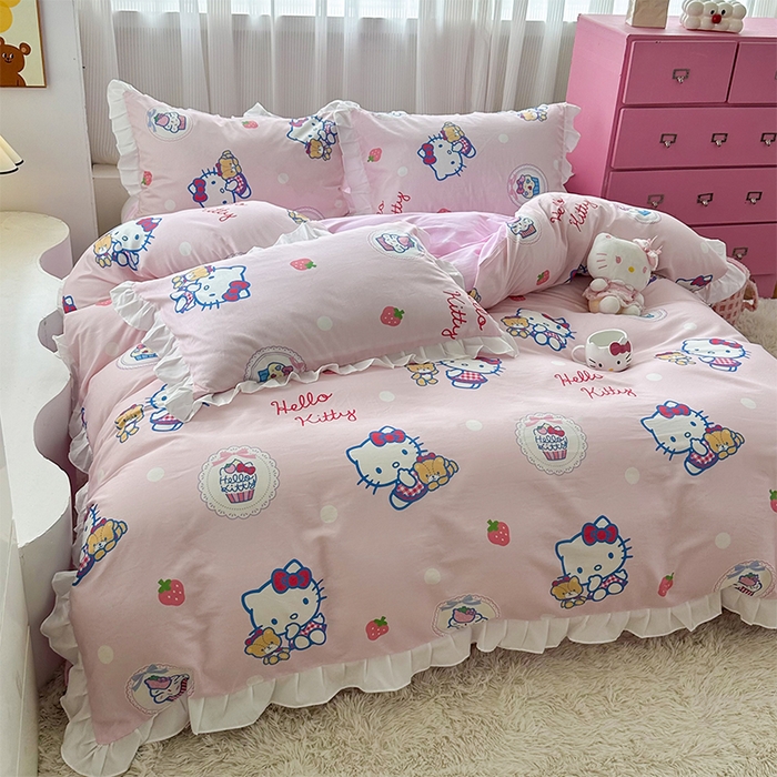 91家纺网 家纺一手货源 找家纺 玉元坊 2025新款全棉纯棉凯蒂猫白花边款式四件套 KT和熊粉-白花边款