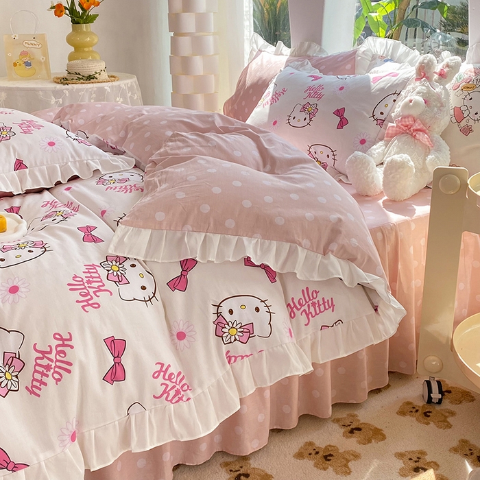 91家纺网 家纺一手货源 找家纺 玉元坊 2025新款全棉纯棉凯蒂猫白花边款式四件套 雏菊kt 花边款