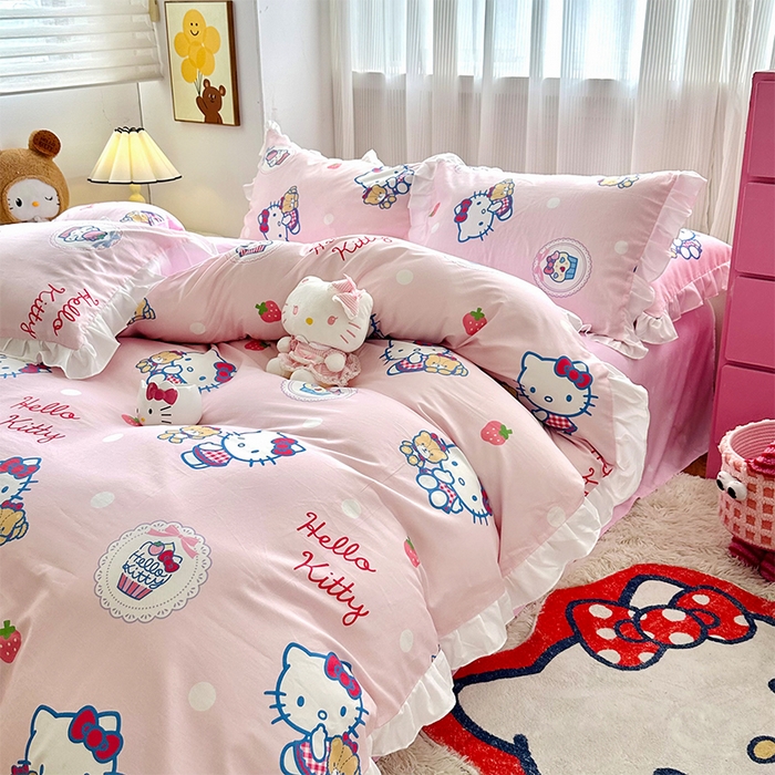 91家纺网 家纺一手货源 找家纺 玉元坊 2025新款全棉纯棉凯蒂猫白花边款式四件套 KT和熊粉-白花边款