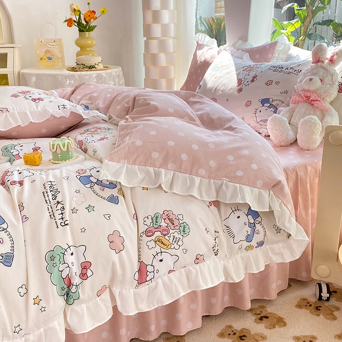 91家纺网 家纺一手货源 找家纺 玉元坊 2025新款全棉纯棉凯蒂猫白花边款式四件套 甜心kt 花边款