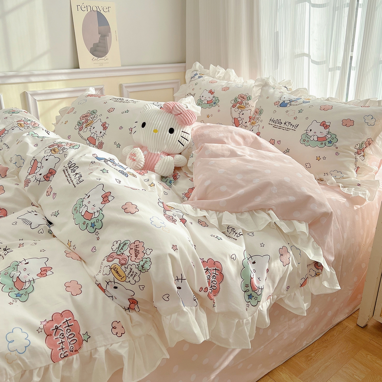 玉元坊 2025新款全棉纯棉凯蒂猫白花边款式四件套 甜心kt 花边款