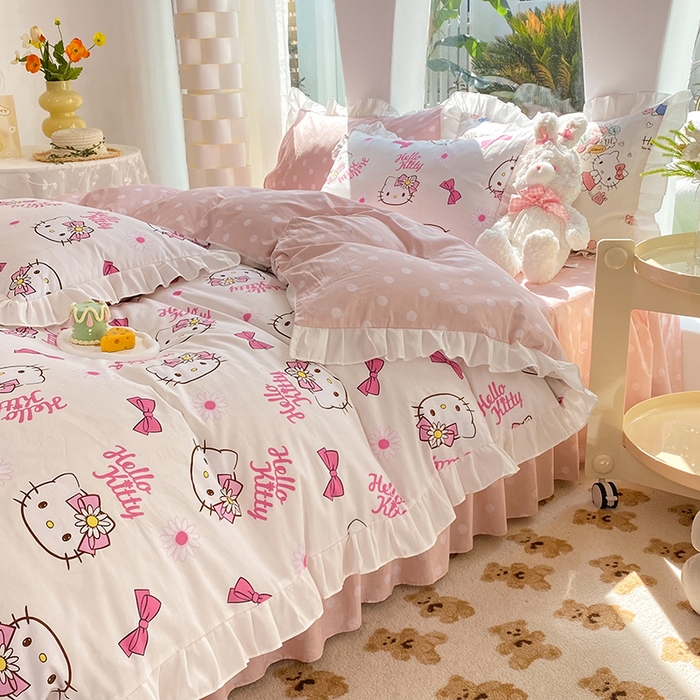 91家纺网 家纺一手货源 找家纺 玉元坊 2025新款全棉纯棉凯蒂猫白花边款式四件套 雏菊kt 花边款