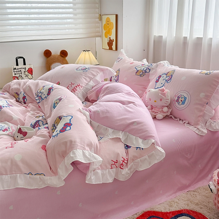 91家纺网 家纺一手货源 找家纺 玉元坊 2025新款全棉纯棉凯蒂猫白花边款式四件套 KT和熊粉-白花边款