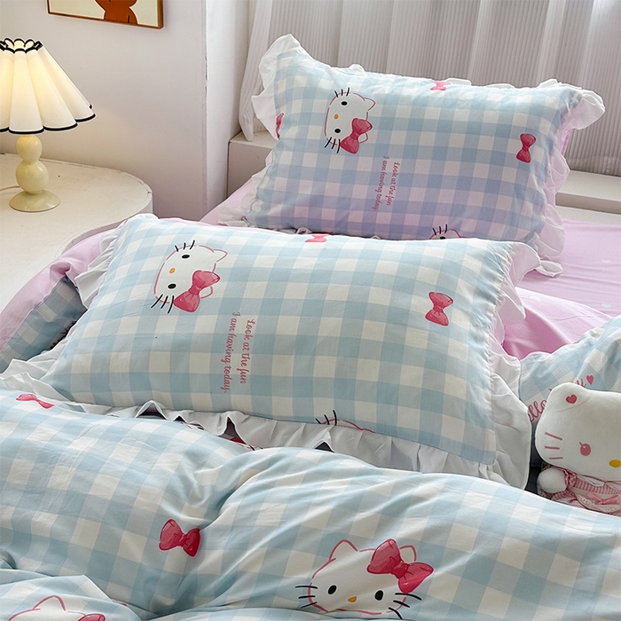 91家纺网 家纺一手货源 找家纺 玉元坊 2025新款全棉纯棉凯蒂猫白花边款式四件套 乖巧KT-白花边款