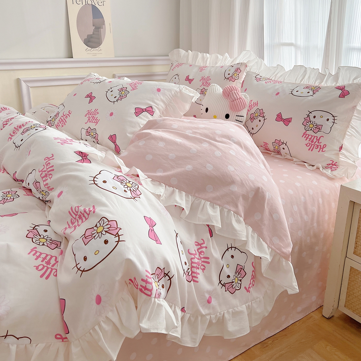 玉元坊 2025新款全棉纯棉凯蒂猫白花边款式四件套 雏菊kt 花边款