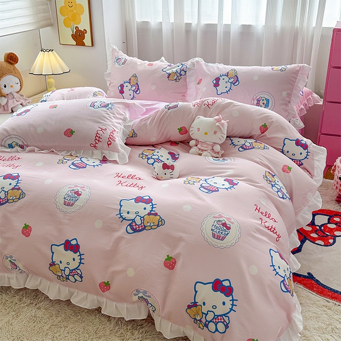 91家纺网 家纺一手货源 找家纺 玉元坊 2025新款全棉纯棉凯蒂猫白花边款式四件套 KT和熊粉-白花边款