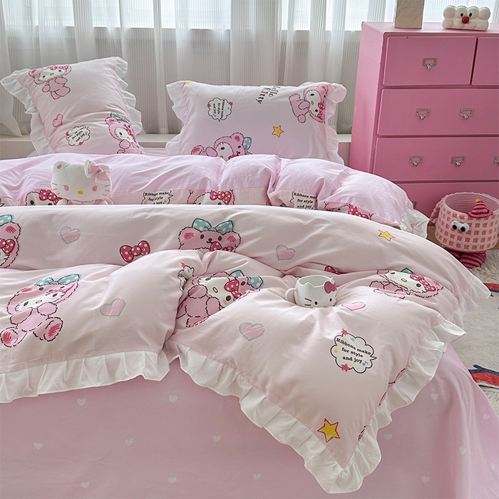 91家纺网 家纺一手货源 找家纺 玉元坊 2025新款全棉纯棉凯蒂猫白花边款式四件套 babyKT-白花边款