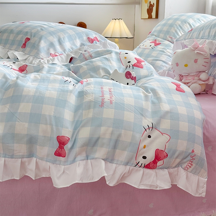 91家纺网 家纺一手货源 找家纺 玉元坊 2025新款全棉纯棉凯蒂猫白花边款式四件套 乖巧KT-白花边款