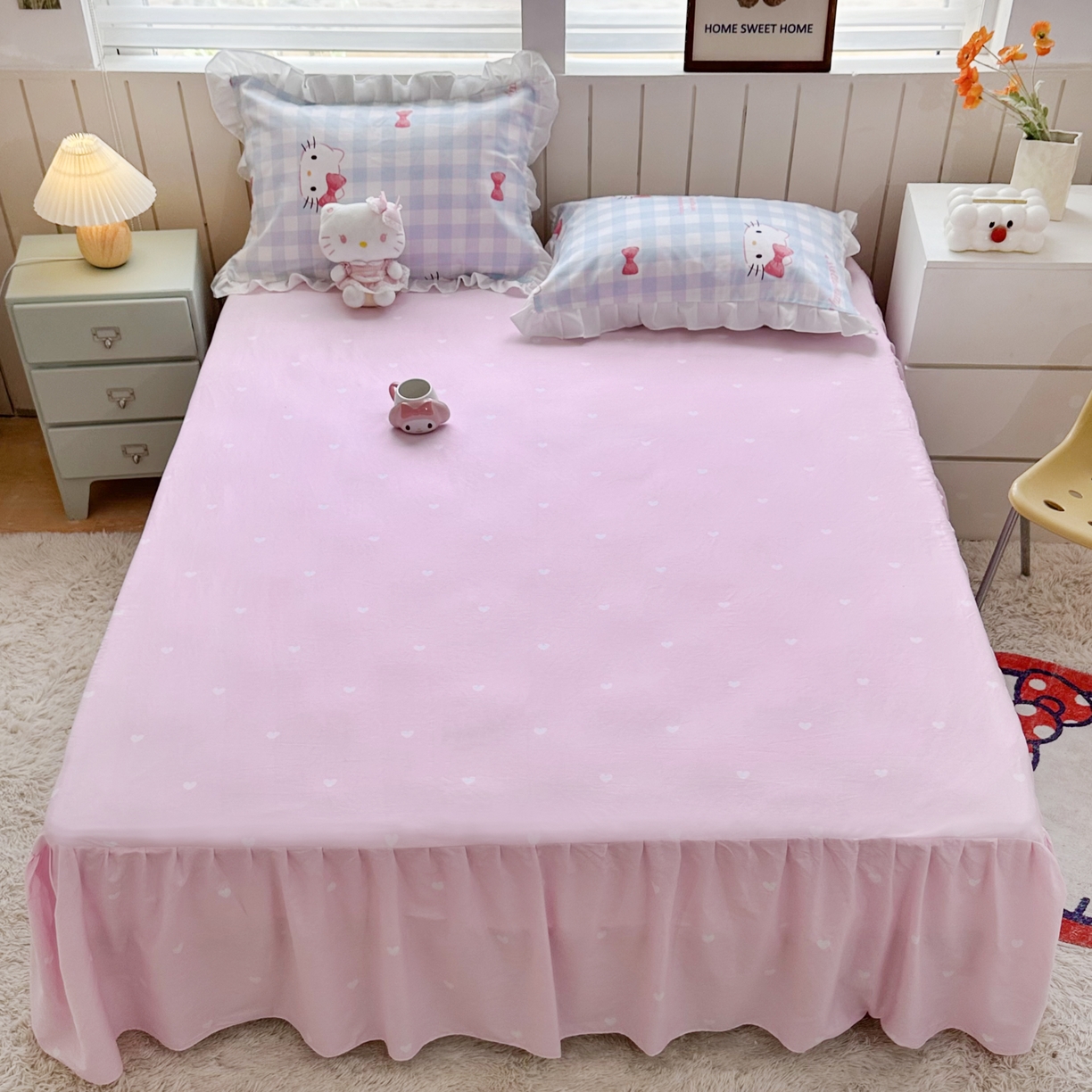 91家纺网 家纺一手货源 找家纺 玉元坊 2025新款全棉纯棉凯蒂猫白花边款式四件套 乖巧KT-白花边款