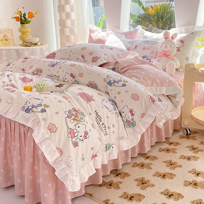 91家纺网 家纺一手货源 找家纺 玉元坊 2025新款全棉纯棉凯蒂猫白花边款式四件套 甜心kt 花边款