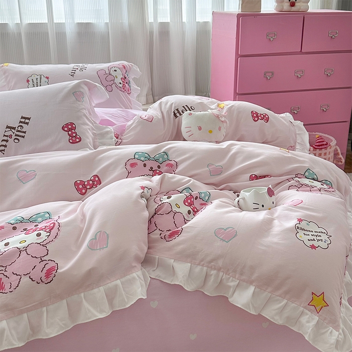 91家纺网 家纺一手货源 找家纺 玉元坊 2025新款全棉纯棉凯蒂猫白花边款式四件套 babyKT-白花边款