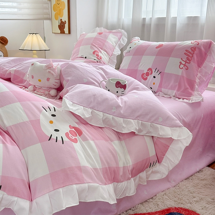 91家纺网 家纺一手货源 找家纺 玉元坊 2025新款全棉纯棉凯蒂猫白花边款式四件套 告别KT猫-白花边款