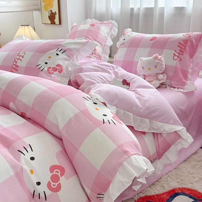 91家纺网 家纺一手货源 找家纺 玉元坊 2025新款全棉纯棉凯蒂猫白花边款式四件套 告别KT猫-白花边款