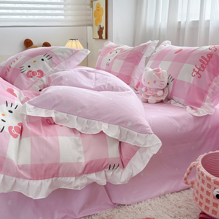 91家纺网 家纺一手货源 找家纺 玉元坊 2025新款全棉纯棉凯蒂猫白花边款式四件套 告别KT猫-白花边款