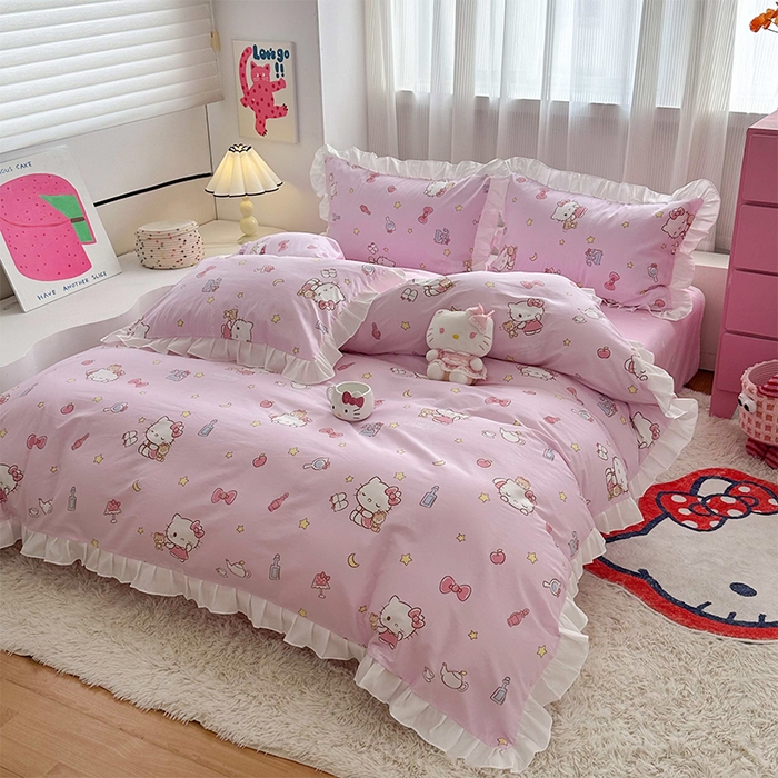 91家纺网 家纺一手货源 找家纺 玉元坊 2025新款全棉纯棉凯蒂猫白花边款式四件套 美美凯蒂 花边款