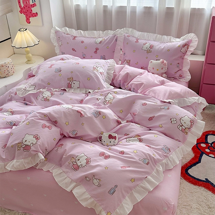 91家纺网 家纺一手货源 找家纺 玉元坊 2025新款全棉纯棉凯蒂猫白花边款式四件套 美美凯蒂 花边款