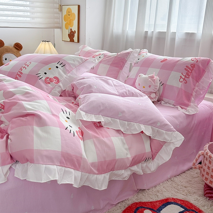 91家纺网 家纺一手货源 找家纺 玉元坊 2025新款全棉纯棉凯蒂猫白花边款式四件套 告别KT猫-白花边款