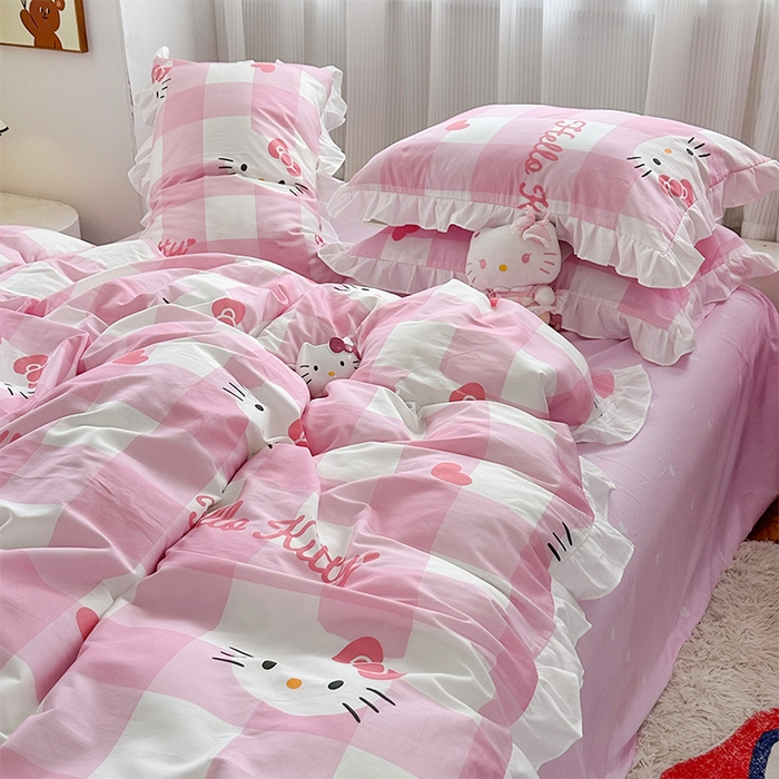 91家纺网 家纺一手货源 找家纺 玉元坊 2025新款全棉纯棉凯蒂猫白花边款式四件套 告别KT猫-白花边款