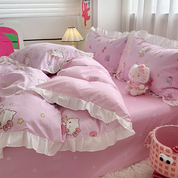 91家纺网 家纺一手货源 找家纺 玉元坊 2025新款全棉纯棉凯蒂猫白花边款式四件套 美美凯蒂 花边款