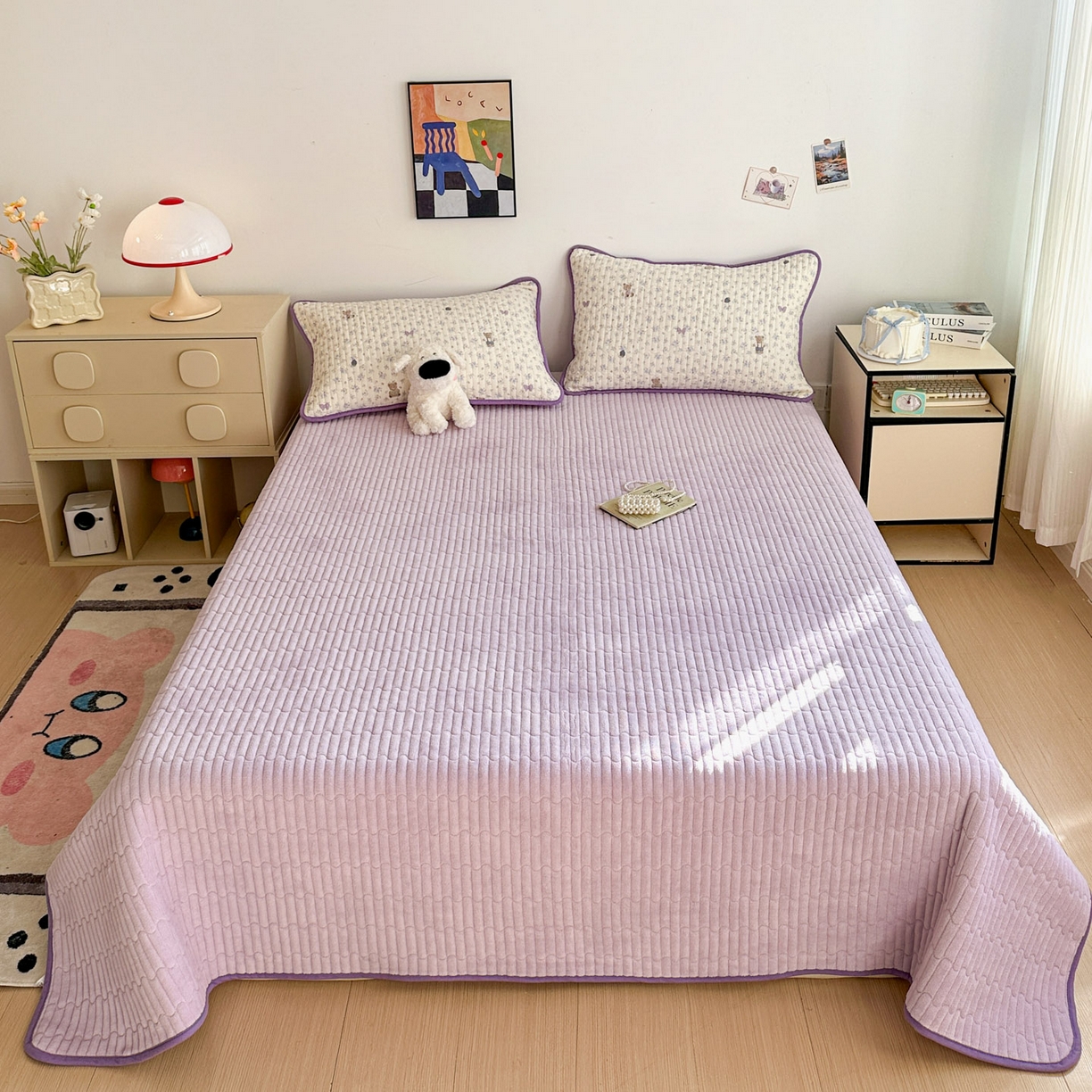 91家纺网 家纺一手货源 找家纺 金梦拉家纺 2025新款A类加厚棉绒牛奶绒床盖系列三件套 碎花小熊