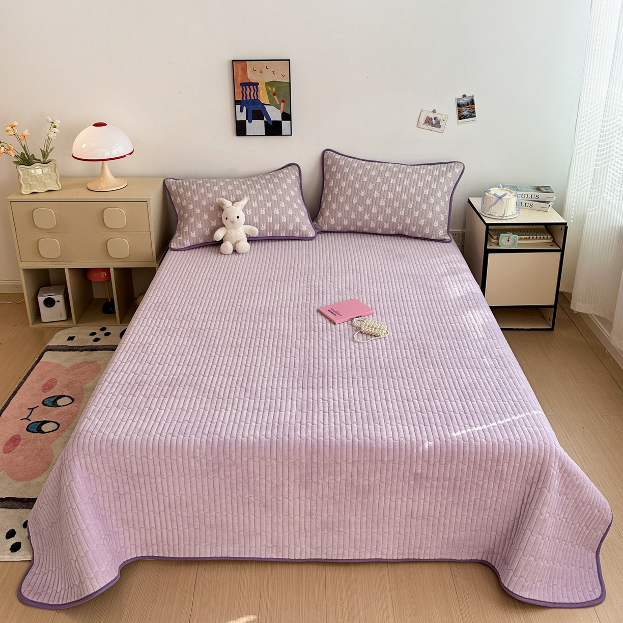 91家纺网 家纺一手货源 找家纺 金梦拉家纺 2025新款A类加厚棉绒牛奶绒床盖系列三件套 小奶兔