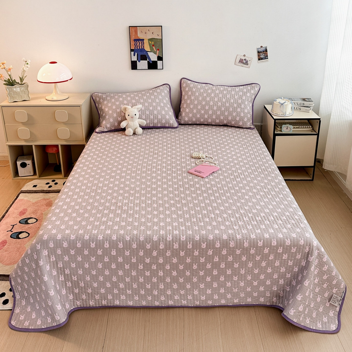 91家纺网 家纺一手货源 找家纺 金梦拉家纺 2025新款A类加厚棉绒牛奶绒床盖系列三件套 小奶兔