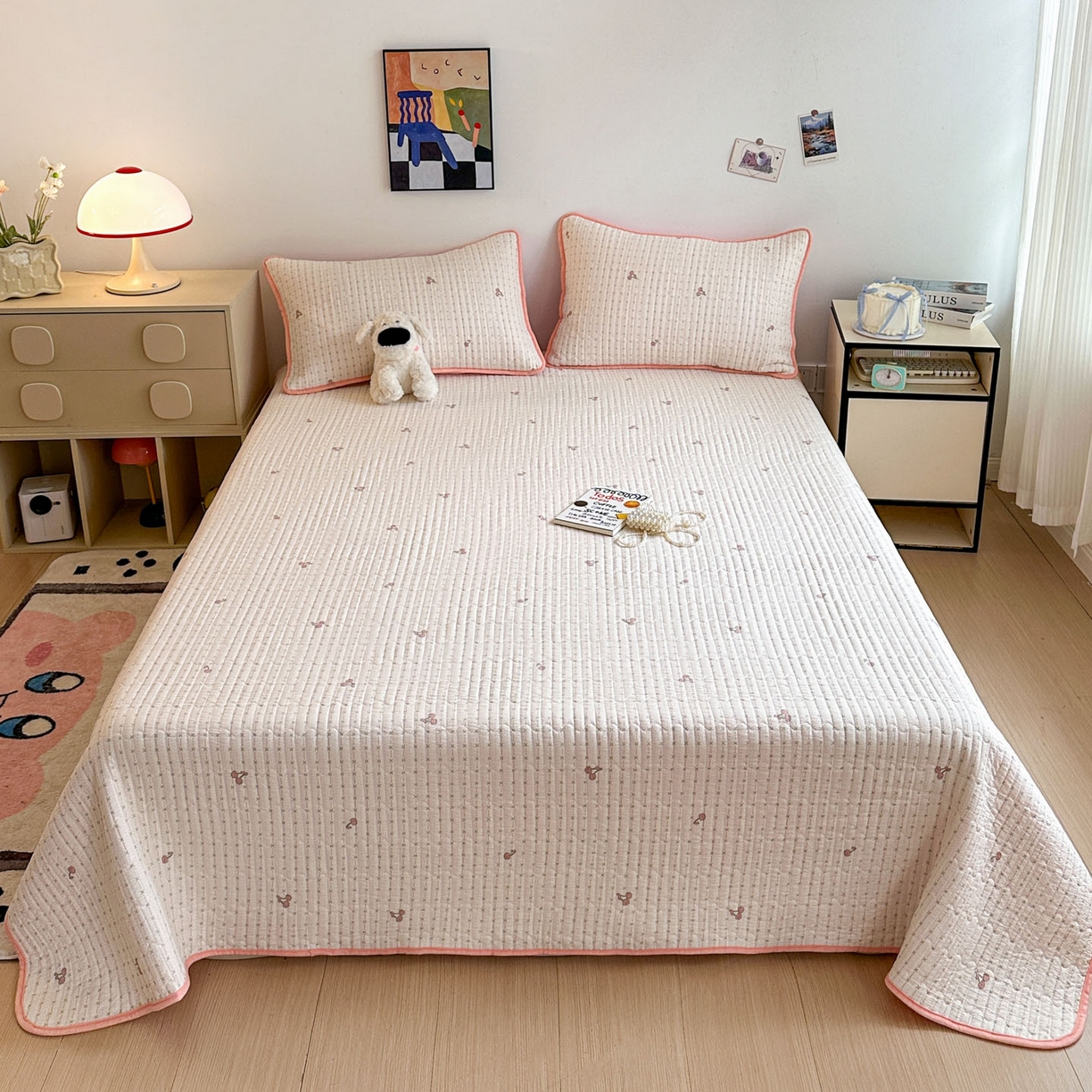 91家纺网 家纺一手货源 找家纺 金梦拉家纺 2025新款A类加厚棉绒牛奶绒床盖系列三件套 小樱桃