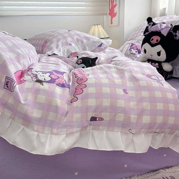 91家纺网 家纺一手货源 找家纺 玉元坊 2025新款全棉纯棉库洛米白花边款式四件套 紫格库洛米【花边款】