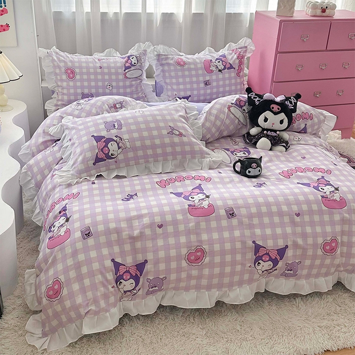 91家纺网 家纺一手货源 找家纺 玉元坊 2025新款全棉纯棉库洛米白花边款式四件套 紫格库洛米【花边款】