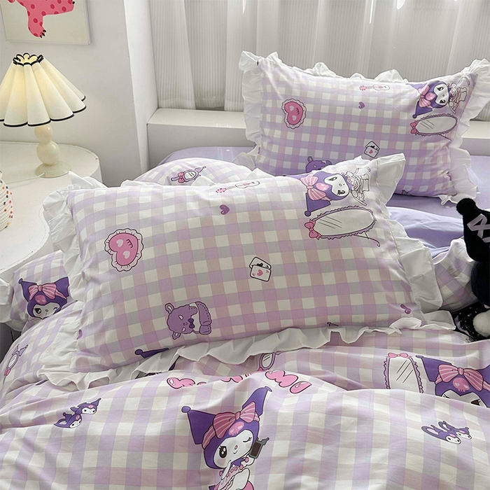 91家纺网 家纺一手货源 找家纺 玉元坊 2025新款全棉纯棉库洛米白花边款式四件套 紫格库洛米【花边款】