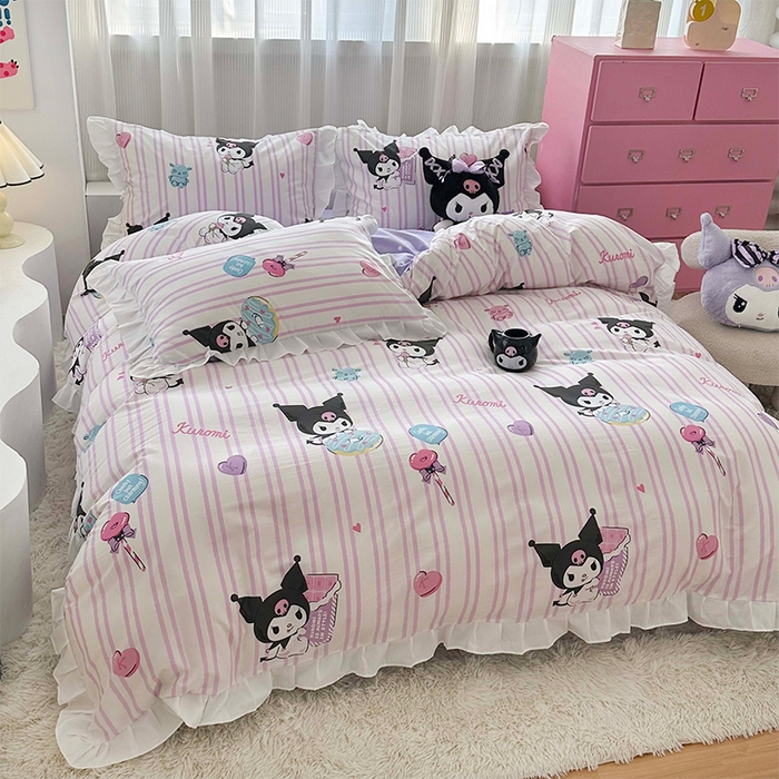 91家纺网 家纺一手货源 找家纺 玉元坊 2025新款全棉纯棉库洛米白花边款式四件套 库洛米条纹【花边款】