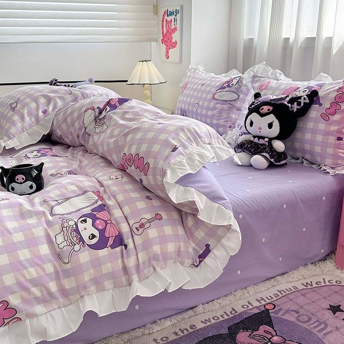 91家纺网 家纺一手货源 找家纺 玉元坊 2025新款全棉纯棉库洛米白花边款式四件套 紫格库洛米【花边款】