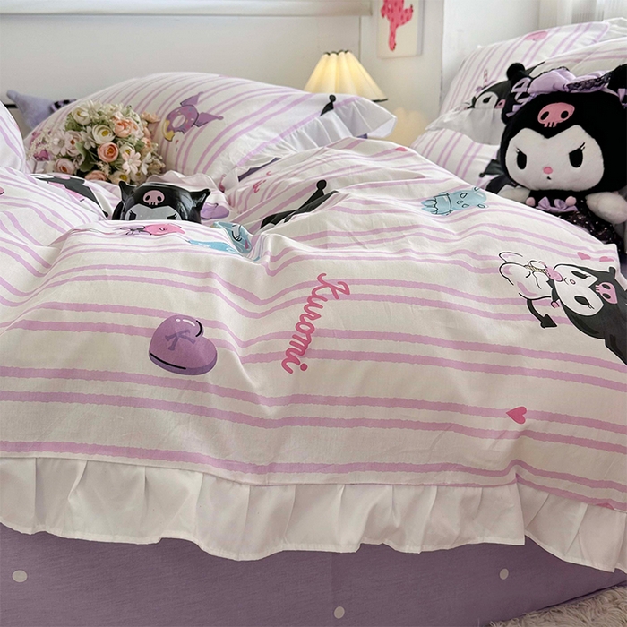 91家纺网 家纺一手货源 找家纺 玉元坊 2025新款全棉纯棉库洛米白花边款式四件套 库洛米条纹【花边款】