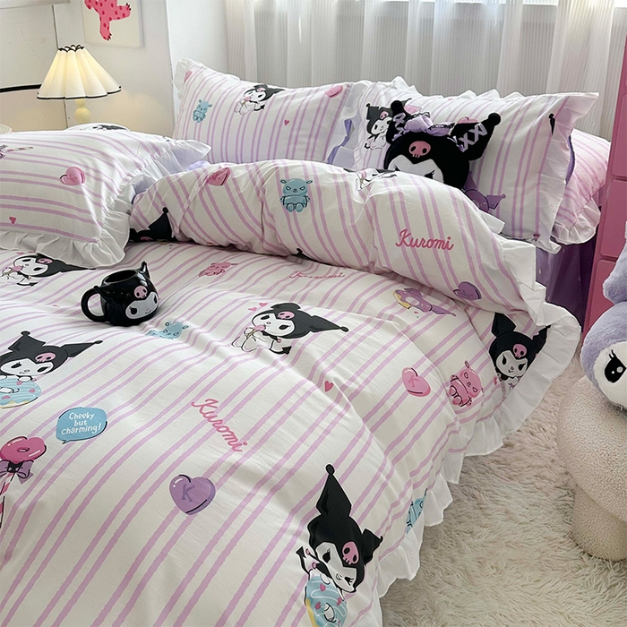 91家纺网 家纺一手货源 找家纺 玉元坊 2025新款全棉纯棉库洛米白花边款式四件套 库洛米条纹【花边款】