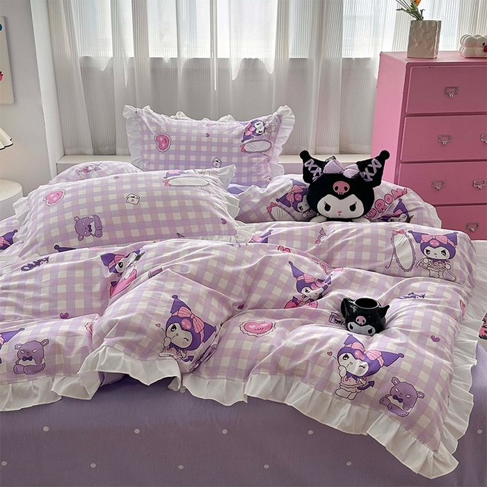 91家纺网 家纺一手货源 找家纺 玉元坊 2025新款全棉纯棉库洛米白花边款式四件套 紫格库洛米【花边款】