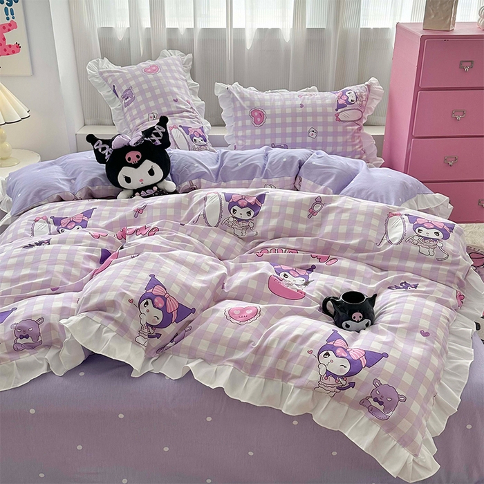 91家纺网 家纺一手货源 找家纺 玉元坊 2025新款全棉纯棉库洛米白花边款式四件套 紫格库洛米【花边款】