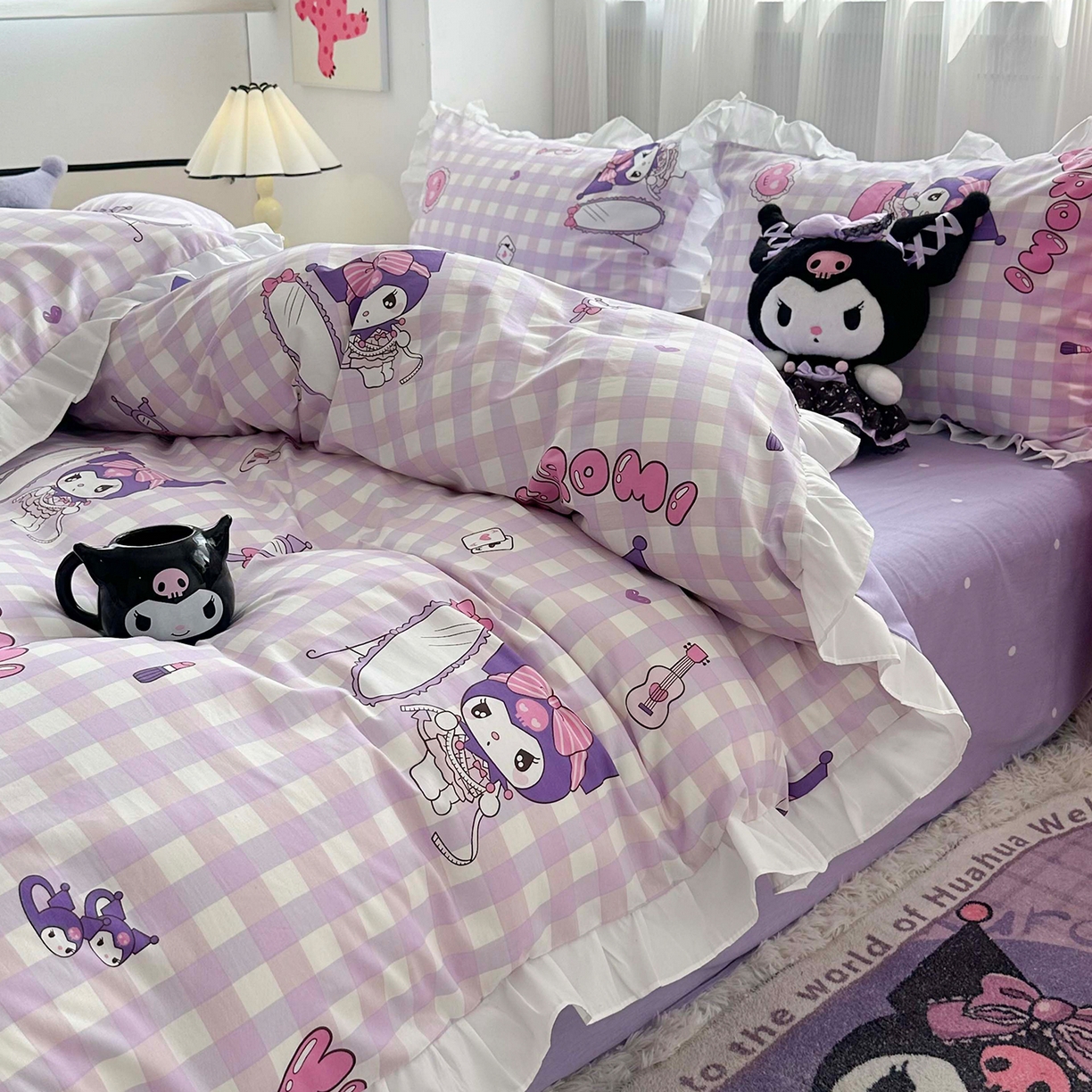 玉元坊 2025新款全棉纯棉库洛米白花边款式四件套 紫格库洛米【花边款】